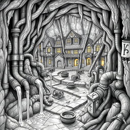 A meticulously detailed black and white drawing of a dwarven underground city water supply and pump system as it weaves through residential blocks