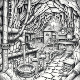A meticulously detailed black and white drawing of a dwarven underground city water supply and pump system as it weaves through residential blocks