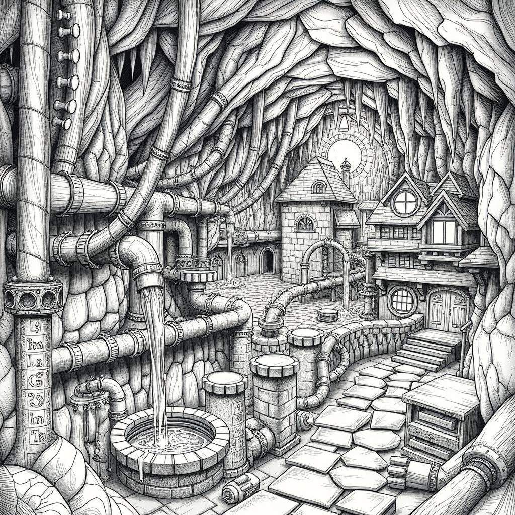 A meticulously detailed black and white drawing of a dwarven underground city water supply and pump system as it weaves through residential blocks