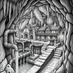 A meticulously detailed black and white drawing of a dwarven underground city water supply and pump system as it weaves through residential blocks
