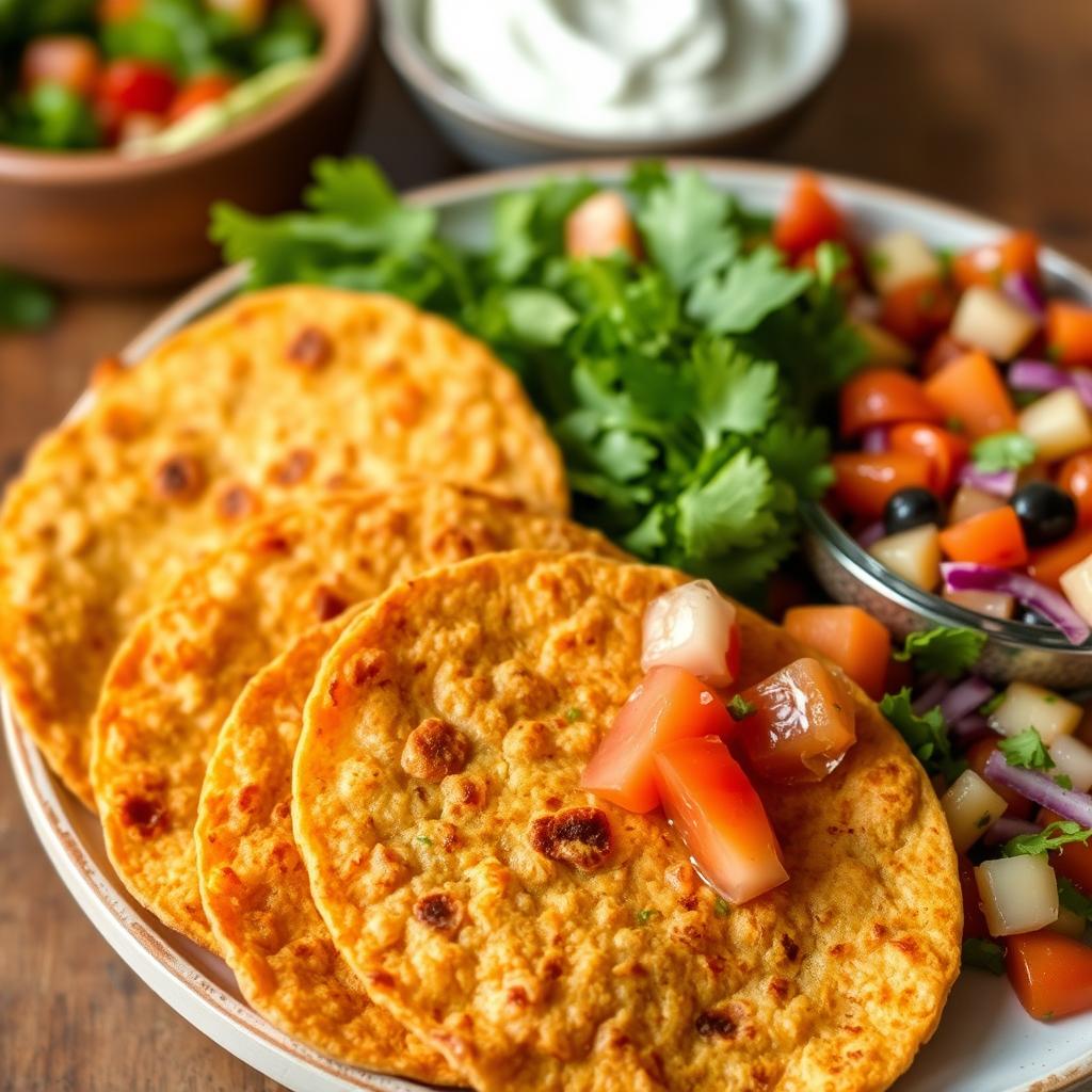 A beautifully arranged plate of red lentil tortillas served with a variety of vibrant dips and salads