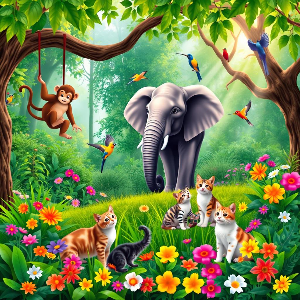A vibrant wildlife scene depicting one playful monkey swinging from a tree branch, two majestic elephants standing side by side in a lush, green jungle, three colorful birds flying overhead, four adorable cats playfully interacting on a bed of colorful flowers, with five beautiful flowers in various colors blooming around the scene