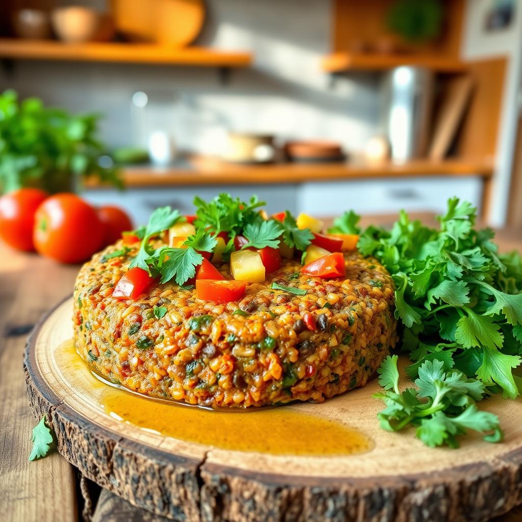 A delicious and vibrant red lentil torta, beautifully arranged on a rustic wooden table