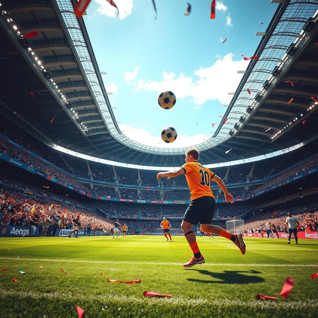 A high-energy football match taking place in a packed stadium, showcasing players in action on the pitch