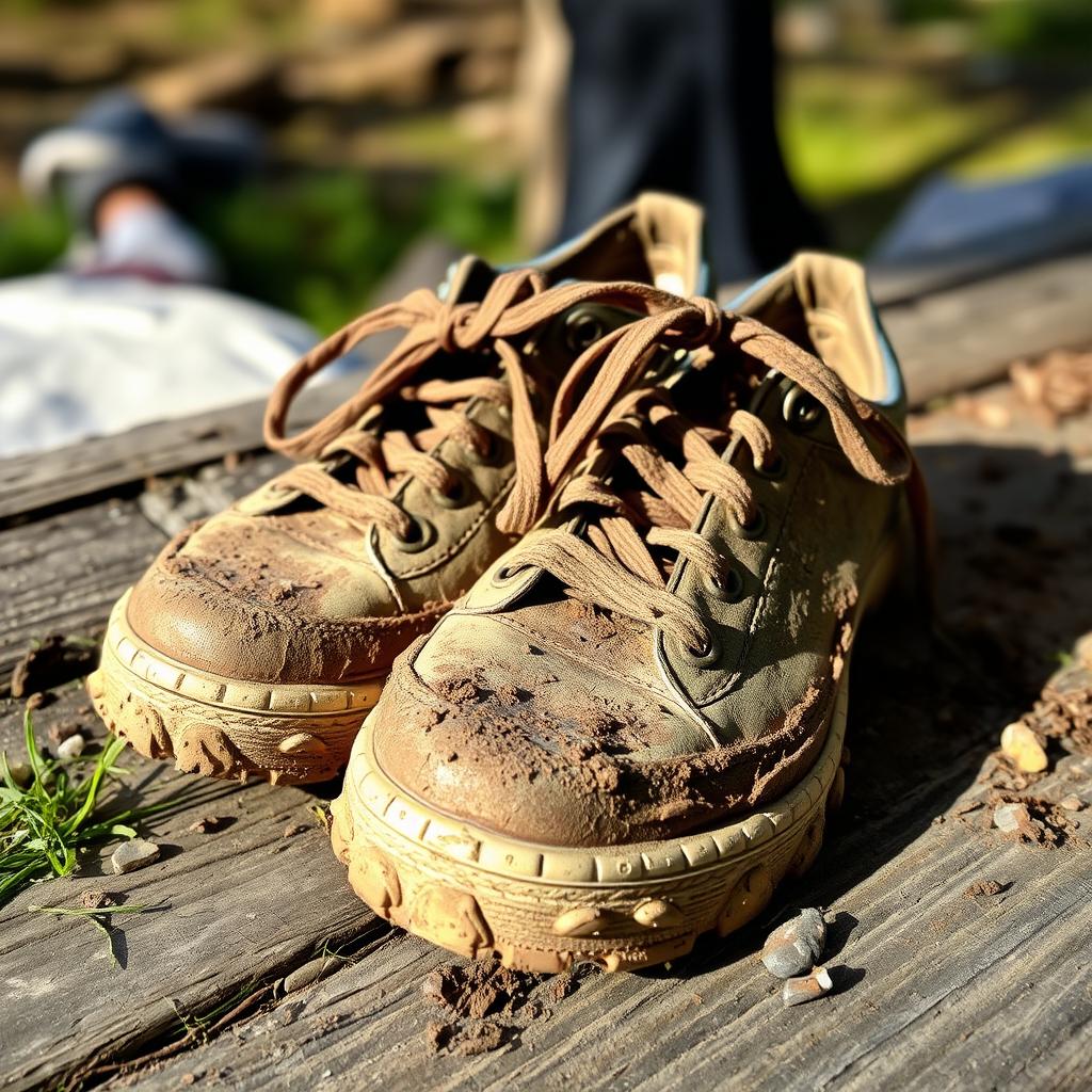 A pair of worn-out sneakers, covered in mud and dirt, showcasing frayed laces and scuffed surfaces