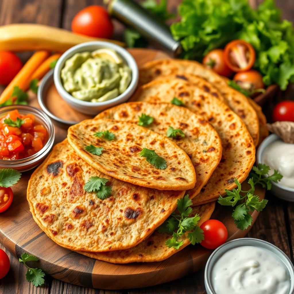 A vibrant and colorful dish featuring red lentil tortillas, stacked elegantly on a rustic wooden table