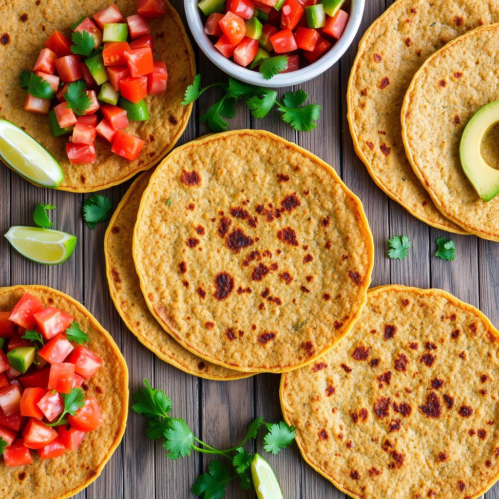 A vibrant and delicious spread of red lentil tortillas displayed on a rustic wooden table