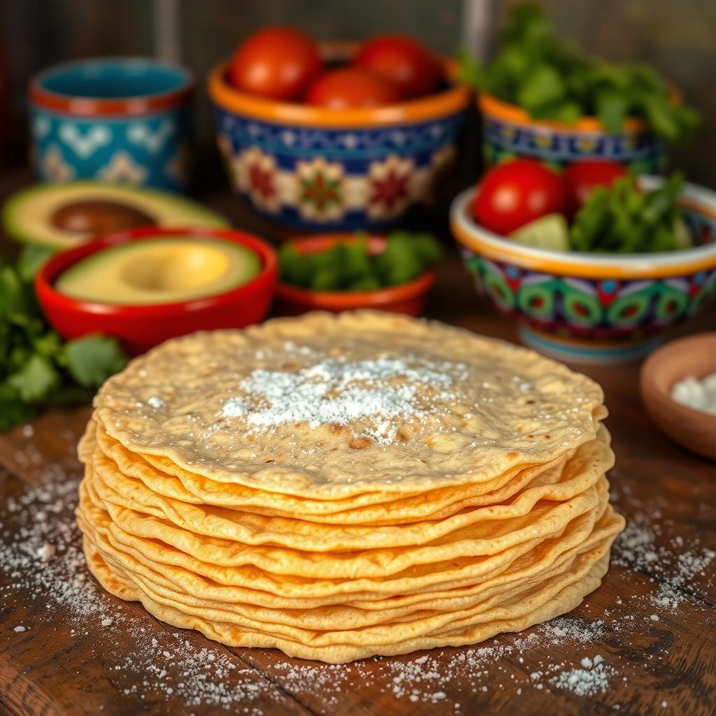 A close-up shot of fresh, homemade corn tortillas stacked on a rustic wooden surface, lightly dusted with flour