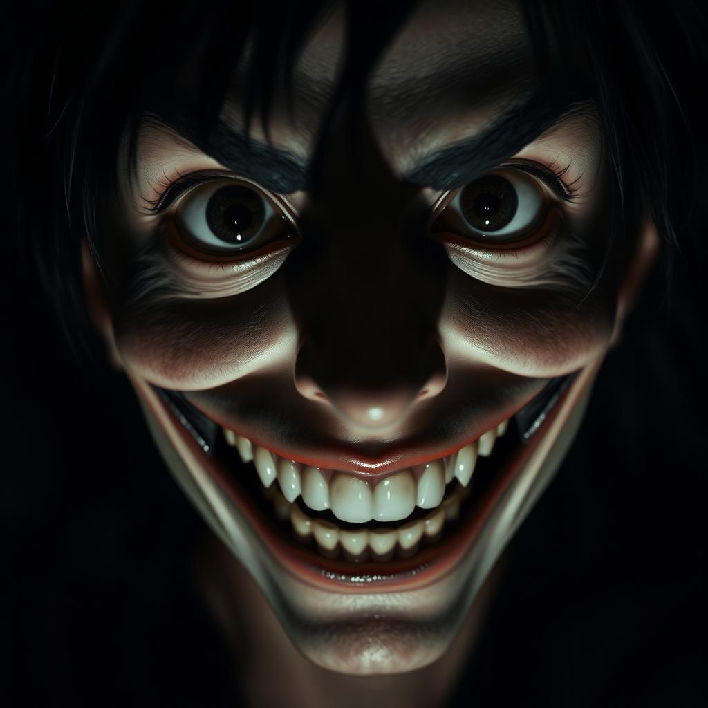A close-up portrait of a character with full black eyes and a wide, eerie smile, set against a dark, atmospheric background