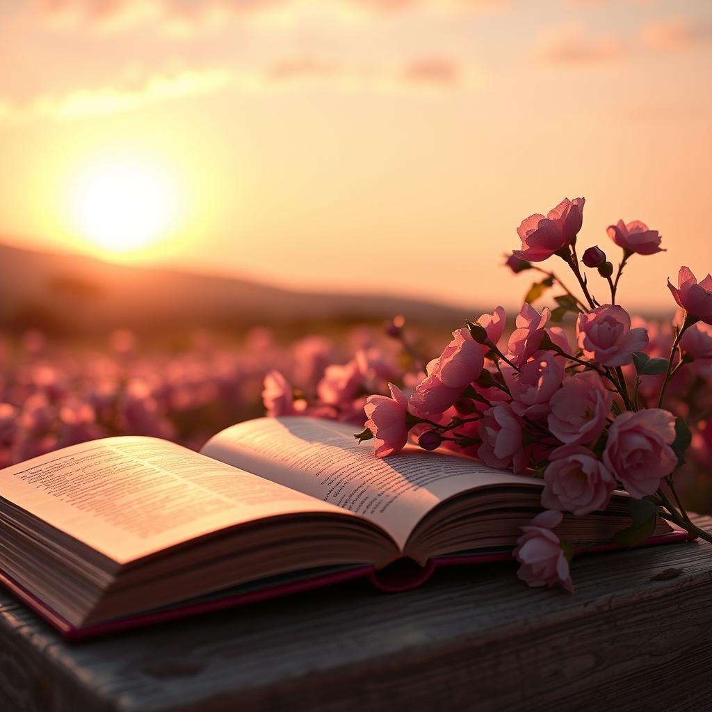 Uma contracapa de livro com um fundo lindo e romântico, apresentando uma tonalidade de rosa suave