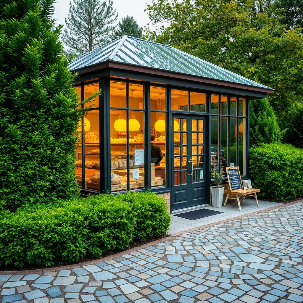 A charming bakery featuring glass walls and a glass roof, illuminated with warm yellow light inside