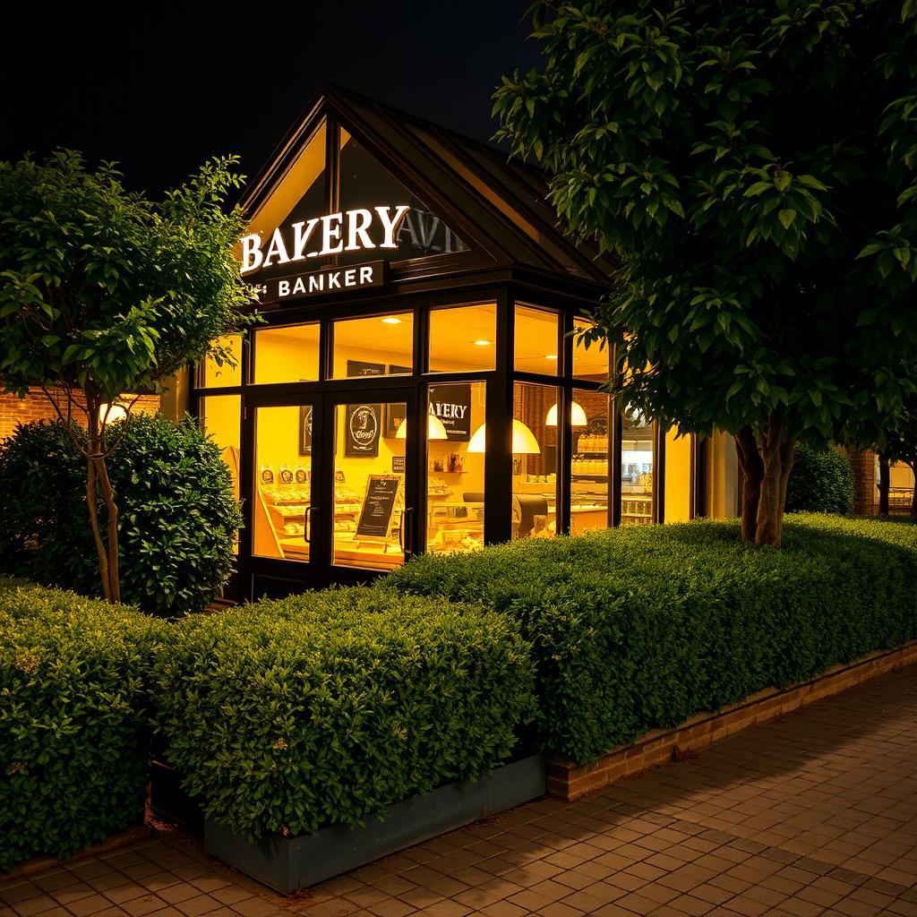 A nighttime scene of a charming bakery featuring glass walls and a glass roof, glowing with warm yellow light from within