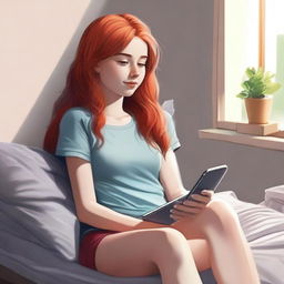 A high-quality digital art rendering capturing a 15-year-old girl with a unique blend of red and blond hair