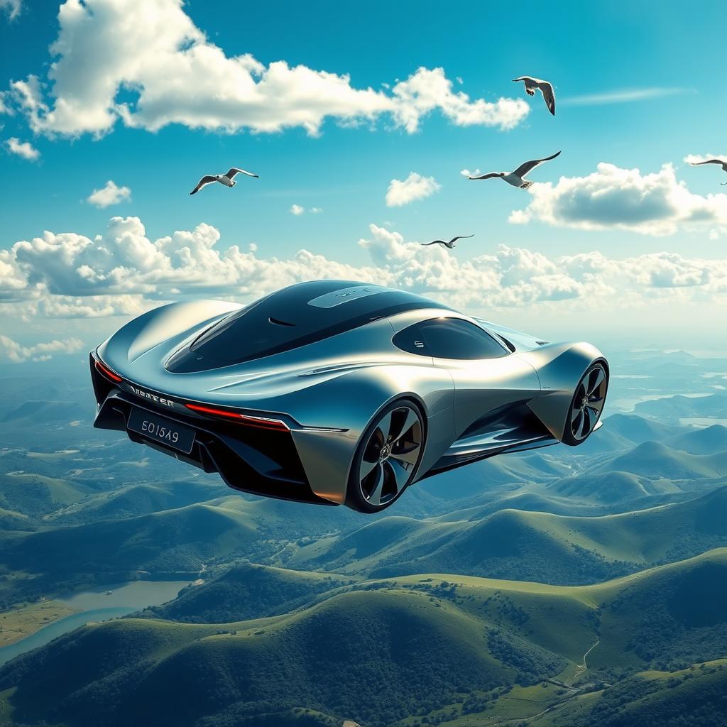 A luxurious, futuristic car soaring through a bright blue sky with fluffy white clouds, reflecting sunlight