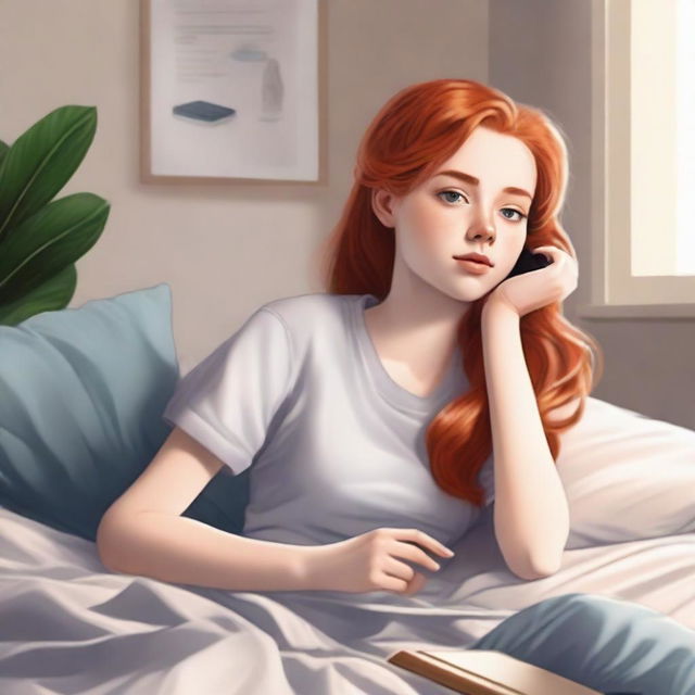 A high-quality digital art rendering capturing a 15-year-old girl with a unique blend of red and blond hair