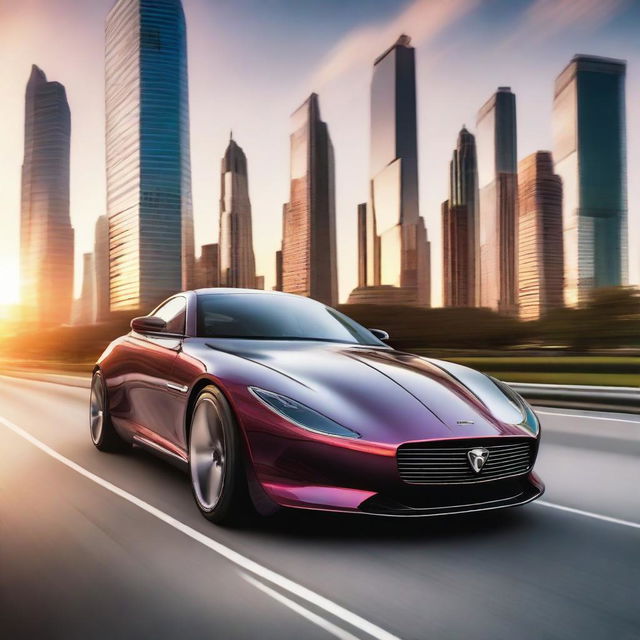 Generate an image of a sleek, modern car speeding down a highway surrounded by towering skyscrapers under a breathtaking sunset sky.