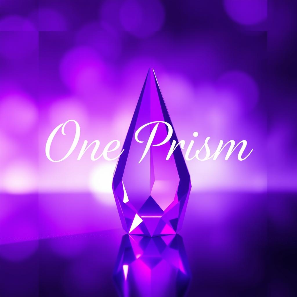 A vibrant purple prism in the foreground, with the words "One Prism" artistically written behind it, blending elegantly with the spectrum of light that the prism refracts