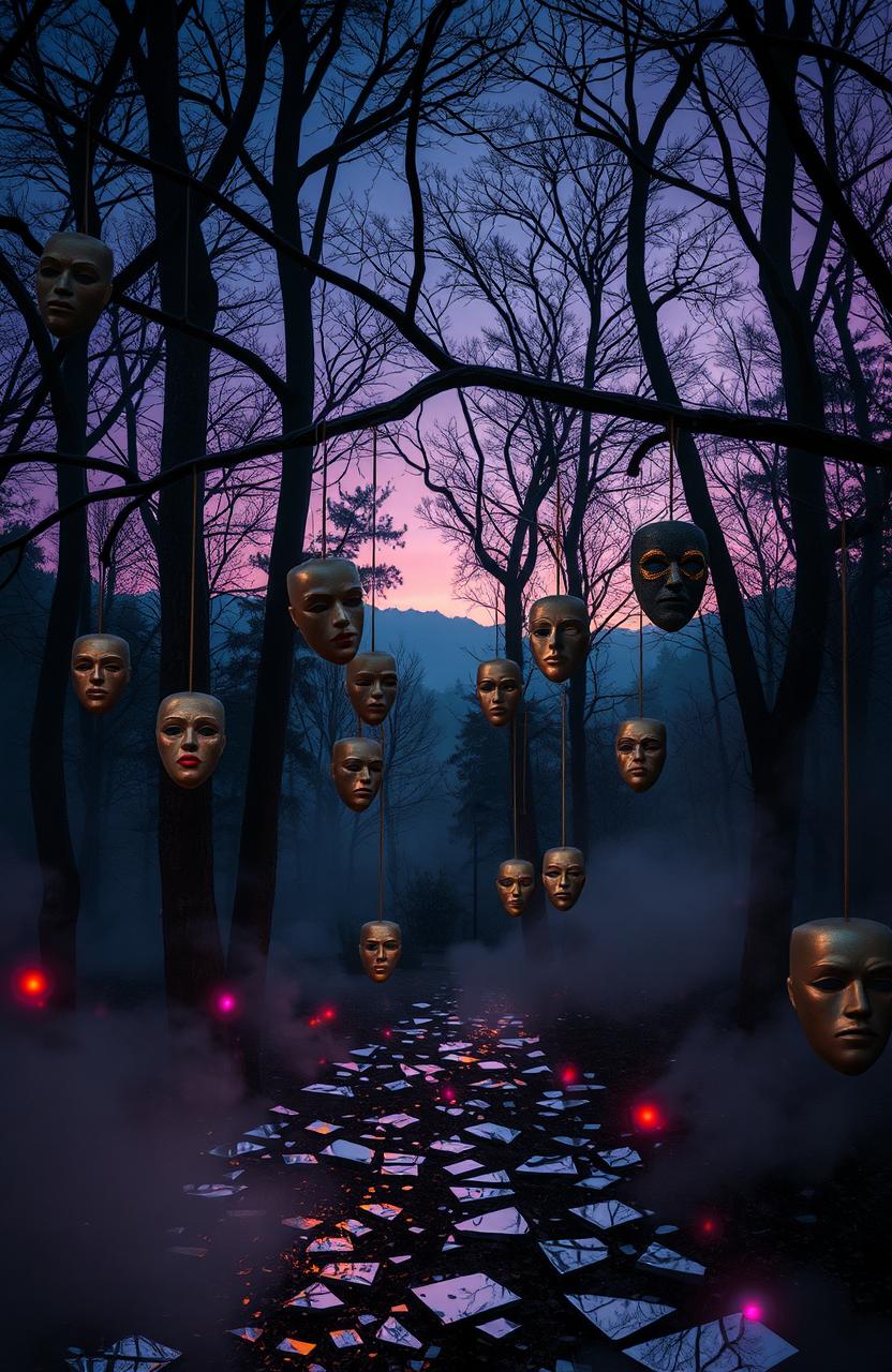 A surreal scene portraying a mystical forest where various masks dangle from tree branches, each mask representing different emotions like joy, sadness, and anger