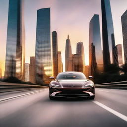 Generate an image of a sleek, modern car speeding down a highway surrounded by towering skyscrapers under a breathtaking sunset sky.