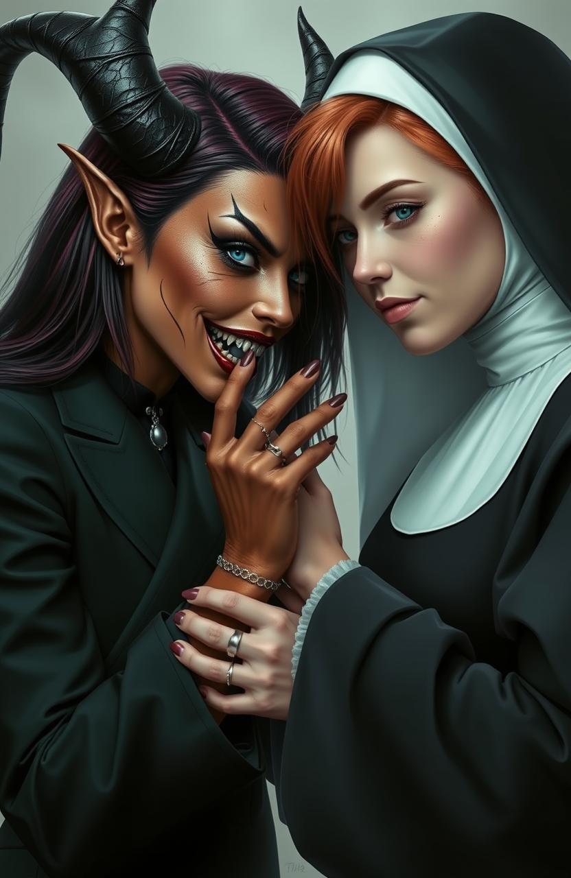 A dramatic scene featuring a female demon dressed in an all-black suit, with striking dark red hair, tanned skin, and captivating blue eyes accentuated by vampiric fangs