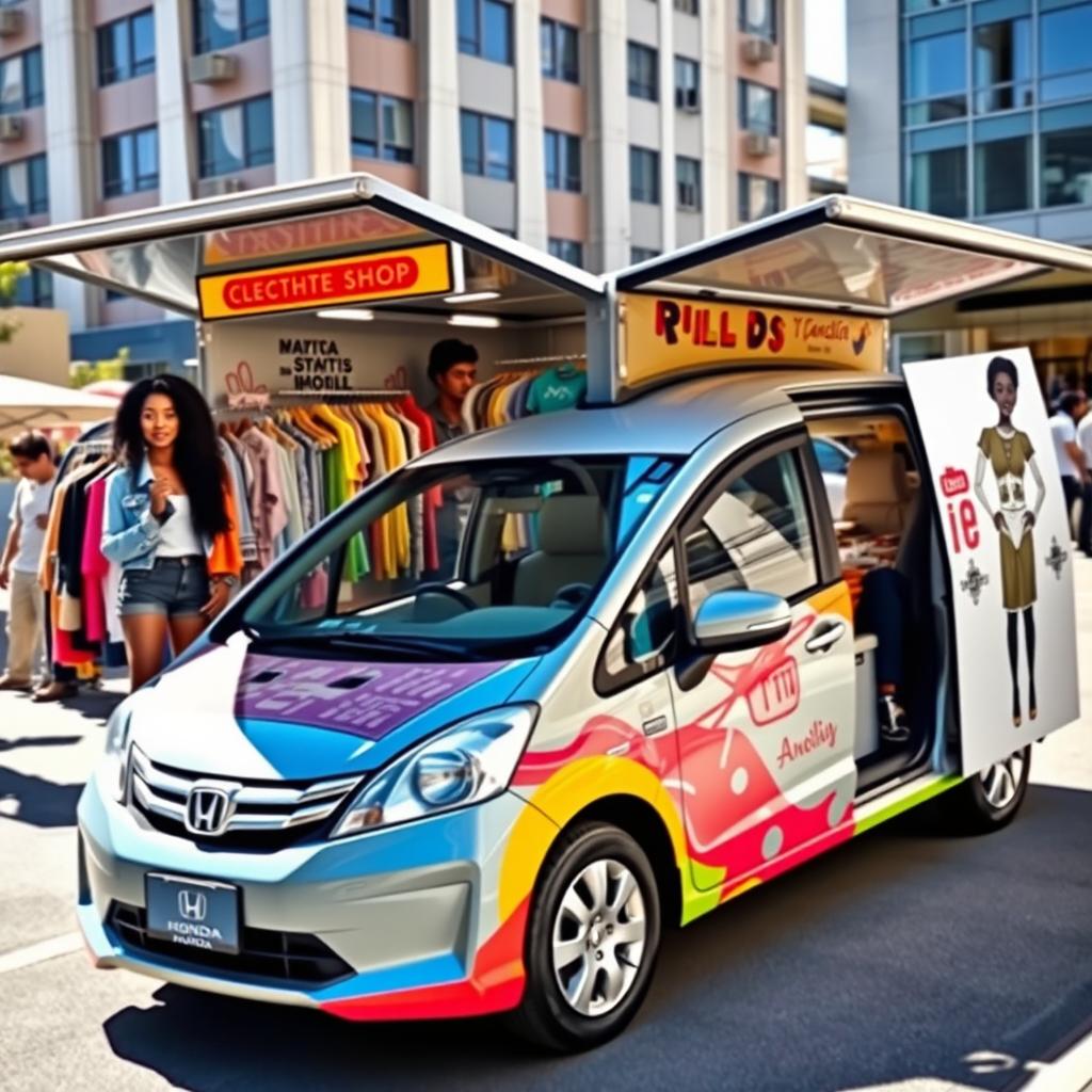 A Honda Mobilio transformed into a mobile clothing shop, parked in an urban setting