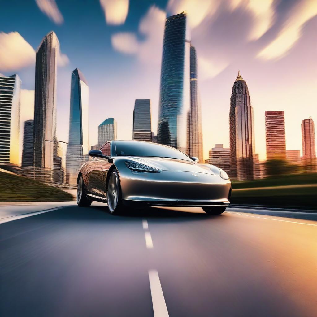 Generate an image of a sleek, modern car speeding down a highway surrounded by towering skyscrapers under a breathtaking sunset sky.