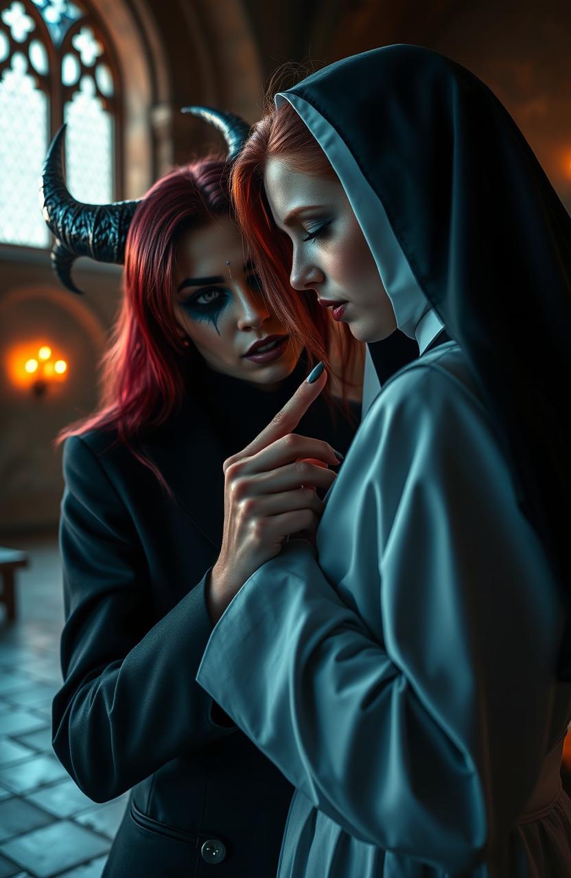 A female demon dressed in an all black suit, exhibiting an aura of calmness and quiet demeanor