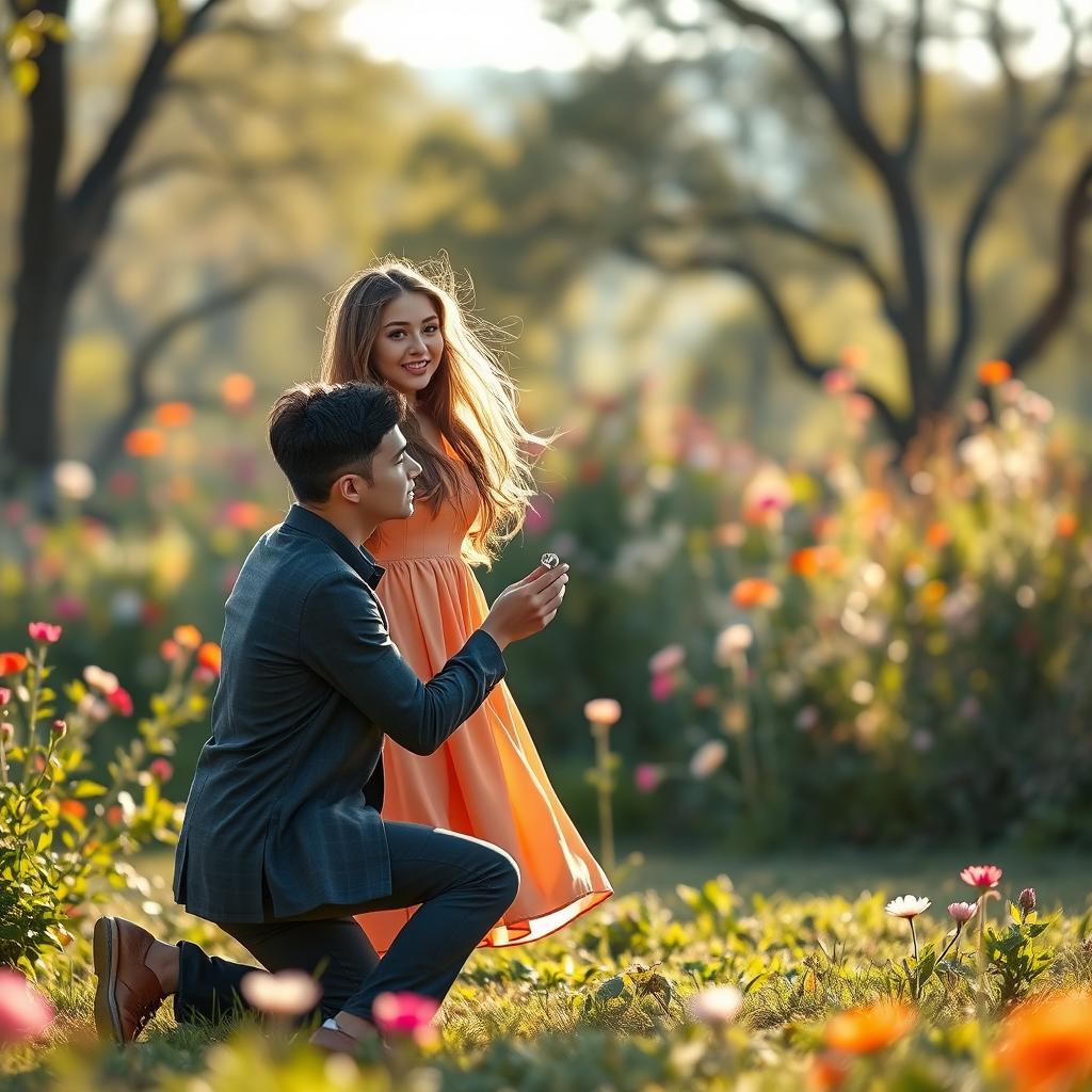 A romantic scene depicting a young couple in an outdoor setting