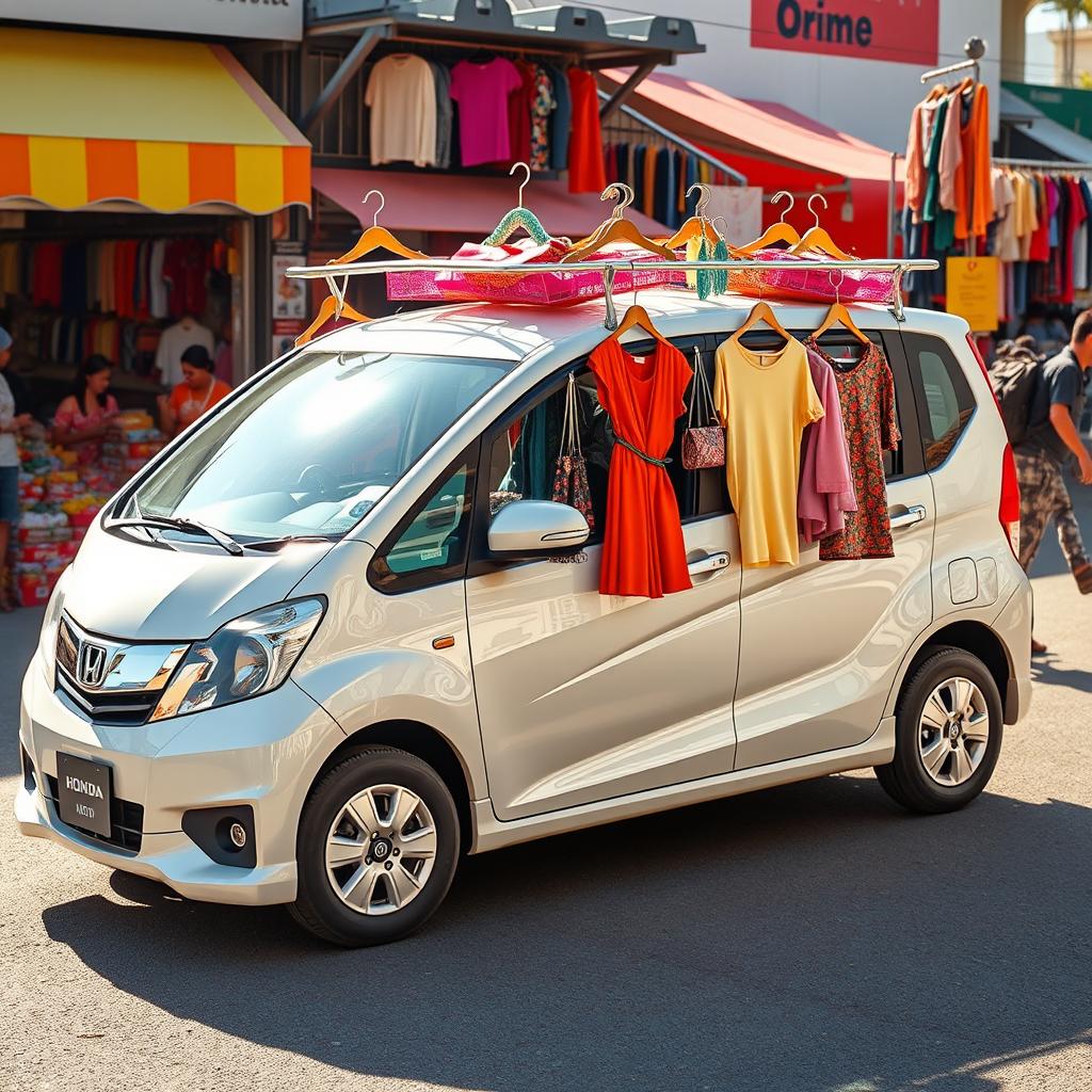 A Honda Mobilio car creatively designed to serve as a mobile clothes hanger for selling clothes