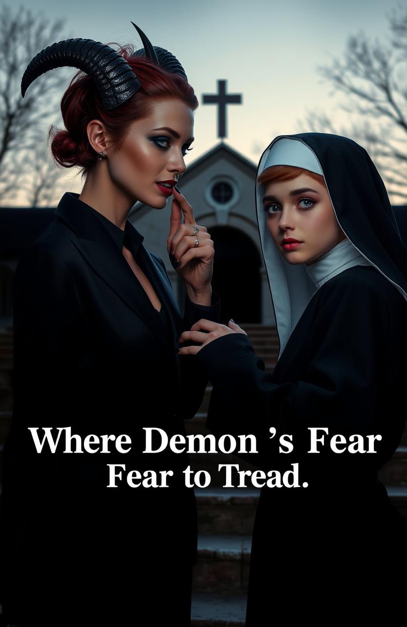 A female demon dressed in an all black suit with sleek, modern lines, featuring dark red hair styled elegantly and tanned skin
