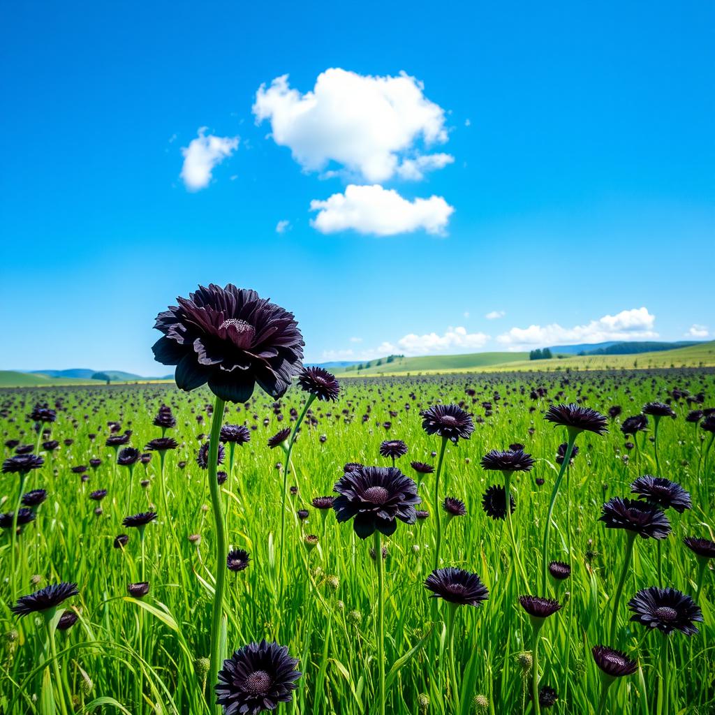 A vast meadow filled with stunning black flowers, stretching out under a bright blue sky