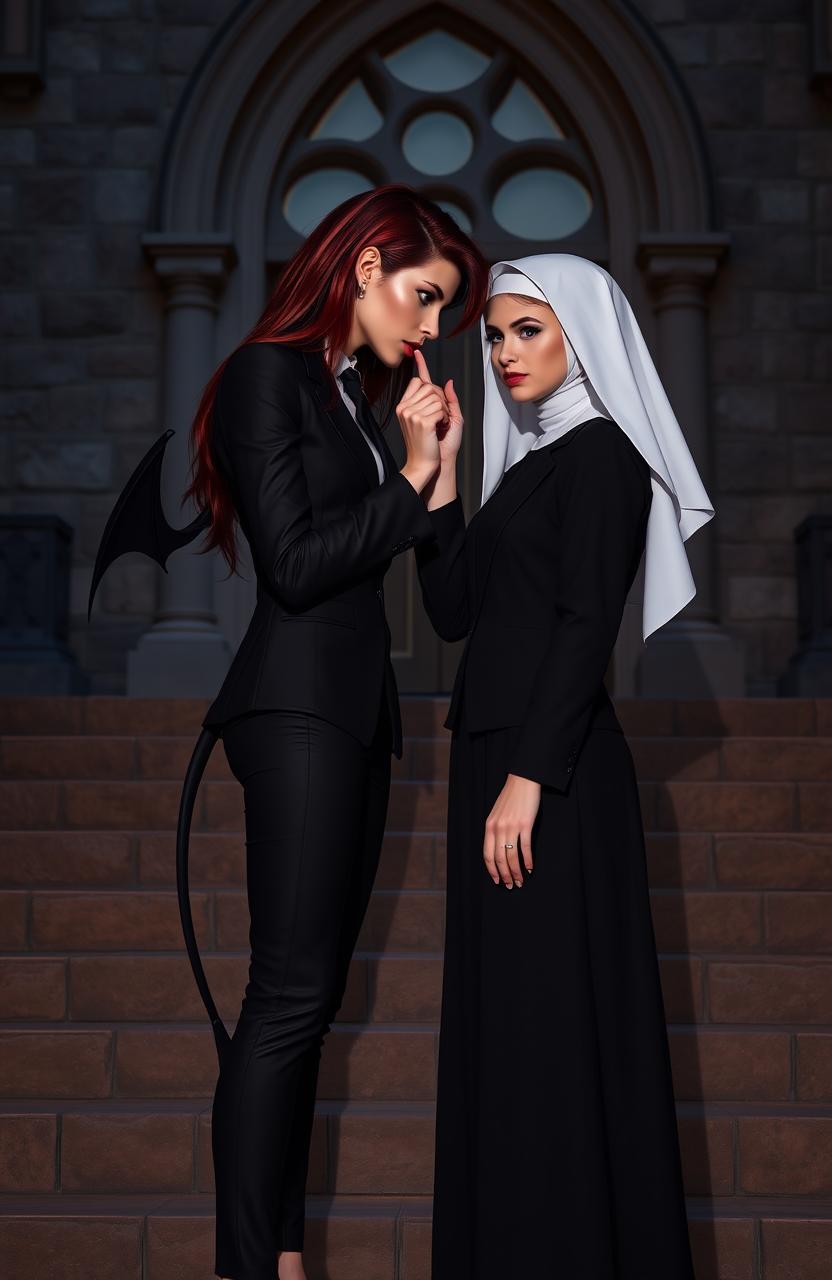 A female demon dressed in an all black suit with a sleek, modern design, featuring a fitted jacket and tailored pants