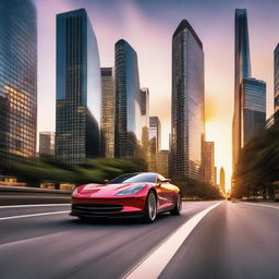 Generate an image of a sleek, modern car speeding down a highway surrounded by towering skyscrapers under a breathtaking sunset sky.