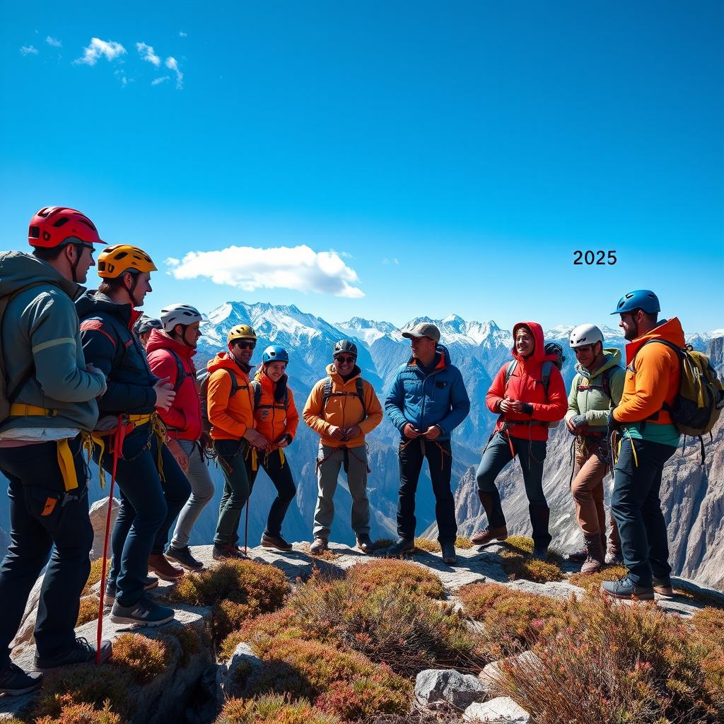 A serene and inspiring scene depicting a Basic Mountain Guide Training session set in 2025