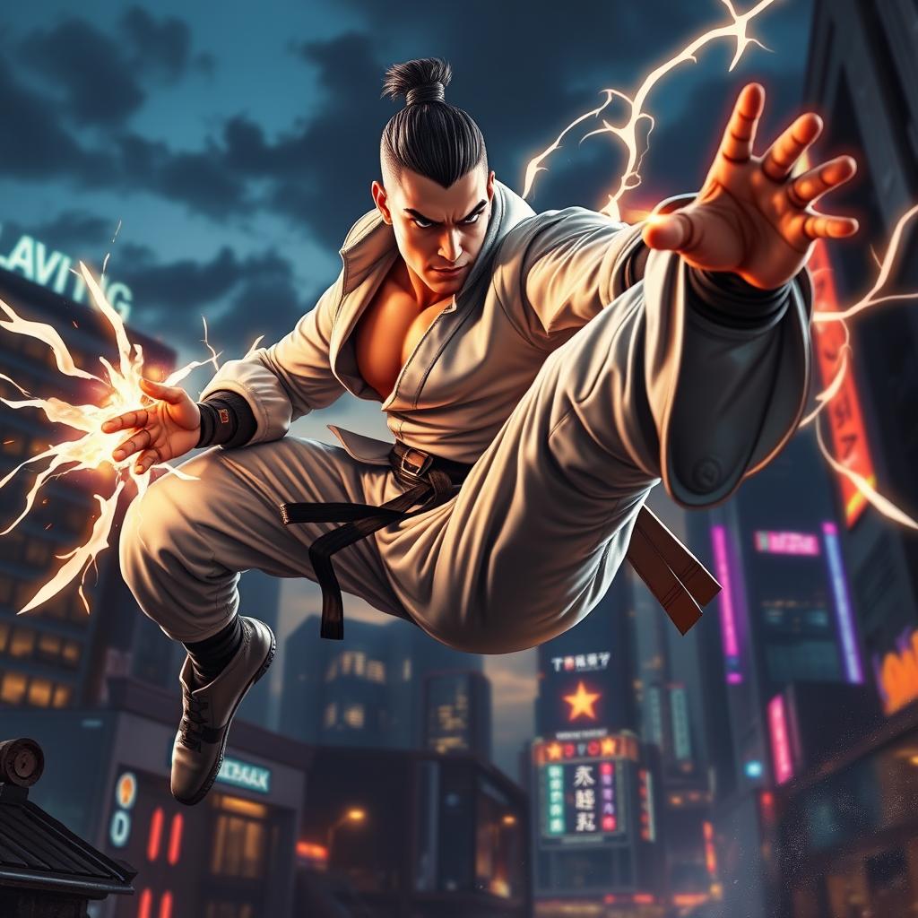 A handsome superhuman martial artist in a striking action pose, showcasing extraordinary agility and strength