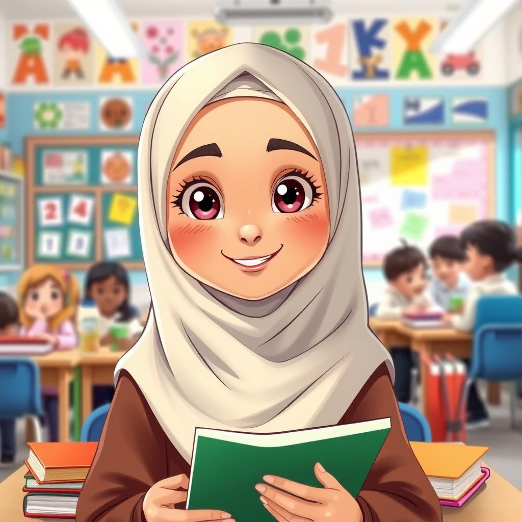 A beautiful, happy cartoon girl student wearing a lovely hijab, in a vibrant school setting