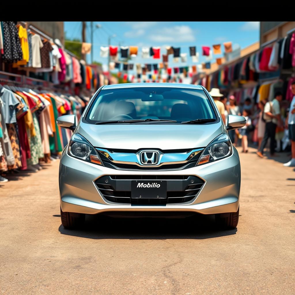 A vibrant street scene showcasing a silver Honda Mobilio car parked prominently in the foreground