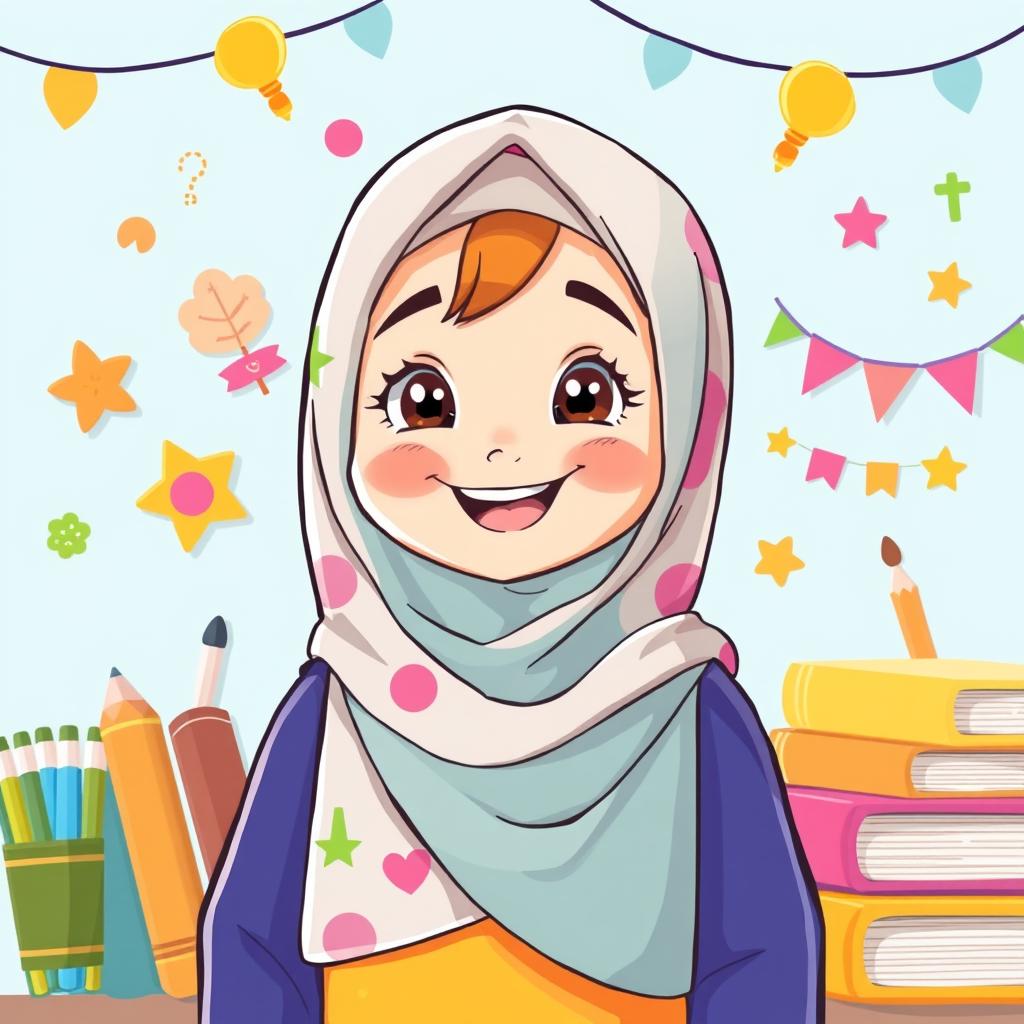 A beautiful cartoon-like illustration of a happy 5-year-old girl student wearing a colorful and joyful hijab