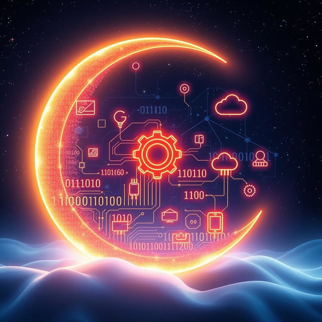 A surreal blend of a crescent moon and IT symbol elements, where the crescent moon is made of glowing digital circuits and binary codes, beautifully integrated with tech-related icons like a gear, a cloud, and a network node, set against a starry night sky that emphasizes a magical, high-tech atmosphere