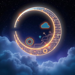 A surreal blend of a crescent moon and IT symbol elements, where the crescent moon is made of glowing digital circuits and binary codes, beautifully integrated with tech-related icons like a gear, a cloud, and a network node, set against a starry night sky that emphasizes a magical, high-tech atmosphere
