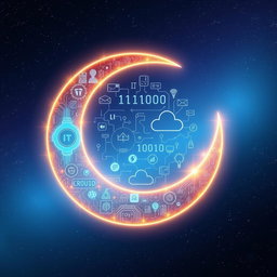 A surreal blend of a crescent moon and IT symbol elements, where the crescent moon is made of glowing digital circuits and binary codes, beautifully integrated with tech-related icons like a gear, a cloud, and a network node, set against a starry night sky that emphasizes a magical, high-tech atmosphere