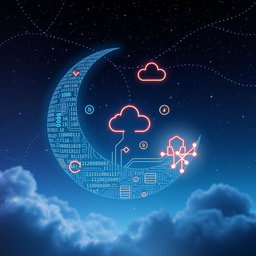 A surreal blend of a crescent moon and IT symbol elements, where the crescent moon is made of glowing digital circuits and binary codes, beautifully integrated with tech-related icons like a gear, a cloud, and a network node, set against a starry night sky that emphasizes a magical, high-tech atmosphere