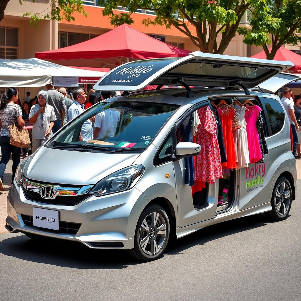 A modified silver Honda Mobilio car designed as a mobile clothing store