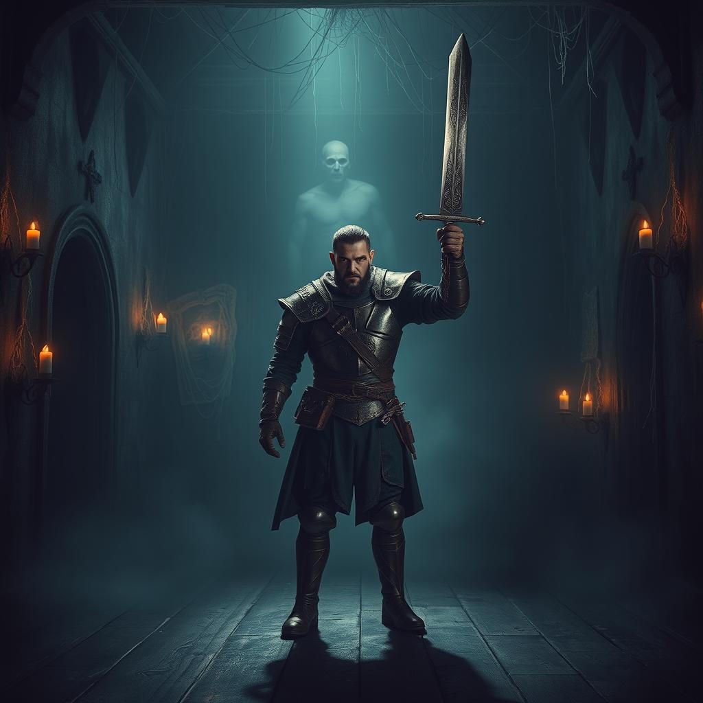 A lone warrior holding a sword, standing in a terrifying room filled with ominous shadows and haunting decor