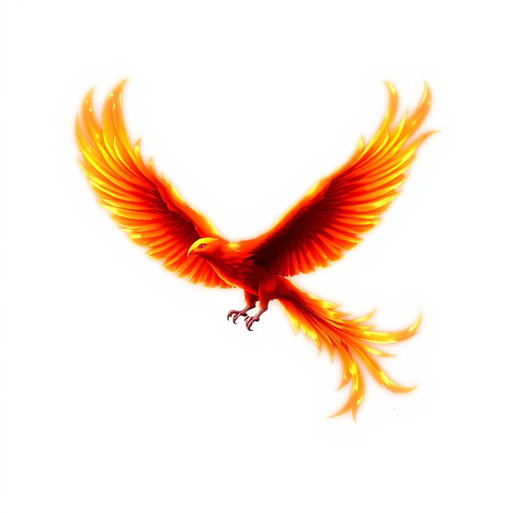 A red phoenix flying gracefully with its fiery wings spread wide, showcasing intricate feather details and a vibrant, glowing flame effect