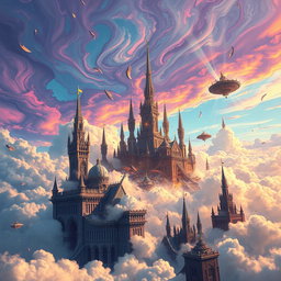A fantastical city in the sky experiencing a dramatic collapse, with towering spires and floating platforms disintegrating into clouds below