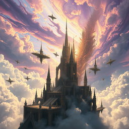 A fantastical city in the sky experiencing a dramatic collapse, with towering spires and floating platforms disintegrating into clouds below