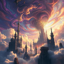 A fantastical city in the sky experiencing a dramatic collapse, with towering spires and floating platforms disintegrating into clouds below