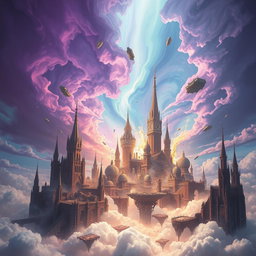 A fantastical city in the sky experiencing a dramatic collapse, with towering spires and floating platforms disintegrating into clouds below