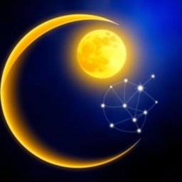 A stunning visual combining a crescent moon and an internet symbol, featuring the moon glowing softly with a deep blue night sky background